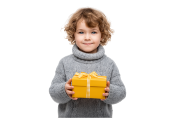 Child holding yellow gift box isolated on a transparent background