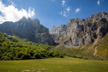 Obraz premium Experience the majestic beauty of the Picos de Europa Mountains with lush green meadows and dramatic rock formations under a sunny blue sky