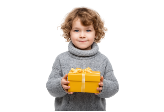 Child holding yellow gift box isolated on a transparent background - Powered by Adobe