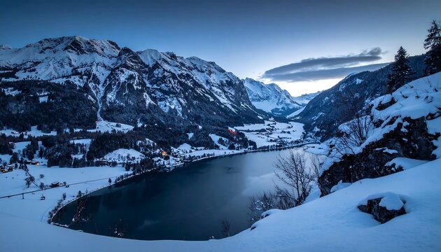 A serene winter landscape featuring a glacial lake surrounded by snow-covered mountains under a dusk sky. Small village lights dot the valley