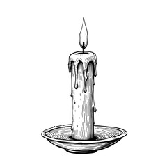 Black and white monochrome vector illustration of melting wax candle with burning flame in vintage style. Christmas decor element - warmth and light - vintage mood - holiday symbol