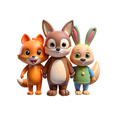 Whimsical Trio of Animal Friends A Fox, Hare, and Rabbit Standing Together in a Delightful Cartoon Illustration against a Clean White Background