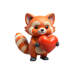 Adorable Red Panda Holding Heart in a Heartwarming Cartoon Illustration on a Crisp White Canvas, Symbolizing Affection