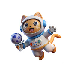Charming Cartoon Cat Astronaut Floating in Space Holding an Instrument with a Smiling Expression on a Clean White Backdrop