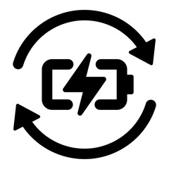 Black single recharge battery glyph icon, simple charging power with repeat arrow flat design pictogram, infographic illustration for app logo web button ui ux interface elements