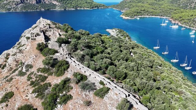Aerial View of Gemile Island and Bay in Fethiye, Turkey