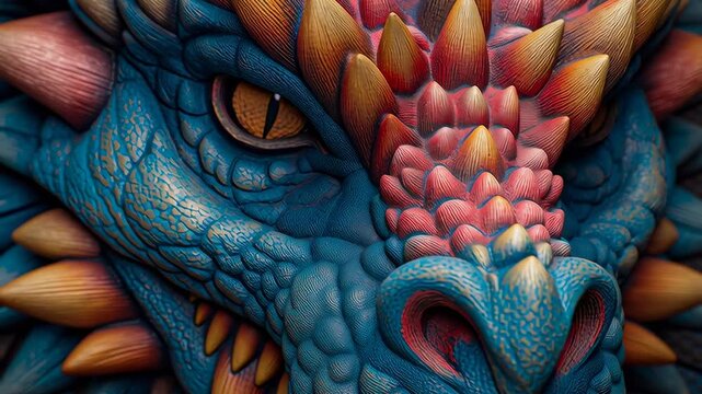 Close-up of a detailed blue and red dragon face with textured scales, sharp horns, and glowing eyes showing fantasy power and mythical creature design