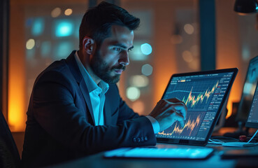 Businessman analyzes stock market trends on laptop at night in office. Man trader broker works late checking digital data charts on tablet computer. Pro male person monitors financial statistics on