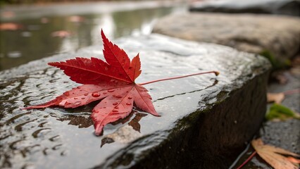 Vibrant red maple leaf rests on wet rock by water in autumn
