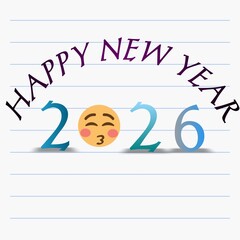 This image features the text “HAPPY NEW YEAR 2026.” The words “HAPPY NEW YEAR” are written in a curved style at the top in purple color. Below that, the numbers “2026” are displayed in shades of blue,