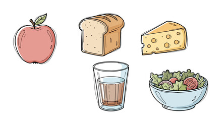 Healthy food illustration featuring apple bread cheese salad and drink for nutrition concept art design