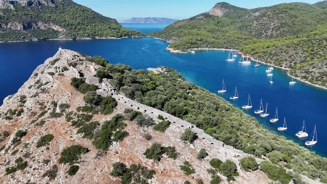 Aerial View of Gemile Island and Bay in Fethiye, Turkey