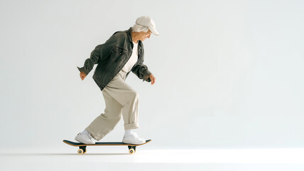 Active Senior Woman Riding Skateboard in a Dynamic Pose. Full Body, Youthful Energy
