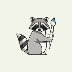 Cute raccoon artist holding paint brush illustration
