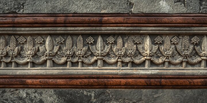 Ornate Stone Frieze with Intricate Botanical Relief Carving, Framed by Smooth Dark Wood Borders on a Textured Wall