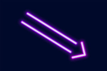 A bright glowing neon arrow made of two parallel lines pointing to the bottom right a sign of a decrease.
