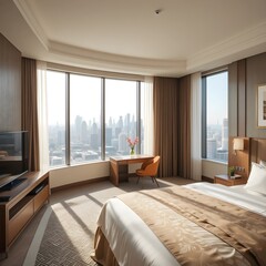 Fototapeta premium modern hotel room bedroom interior large window cityscape view bright daylight