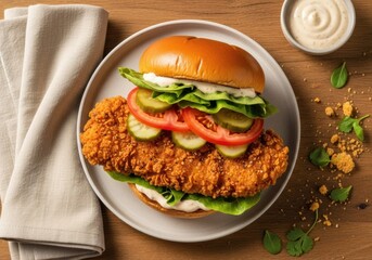 Crispy Fried Chicken Sandwich with Pickles, Tomato & Lettuce on Brioche Bun