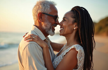 Happy senior Black couple hugs, smiles on beach at sunset. Man with glasses, woman with braids show love, intimate bond. Noses touch as share romantic moment, embrace by peaceful ocean shore.