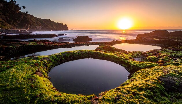 A stunning coastal sunset view over a rocky beach. Shallow tide pools reflect the vibrant colors of the sky as the sun dips below the horizon