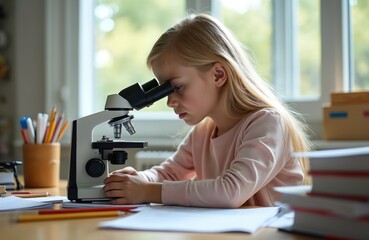Young girl looks through microscope at school. Child studies science at home. Blonde student observes biology experiment. Kid research for homework. Education concept. Schoolgirl explores science