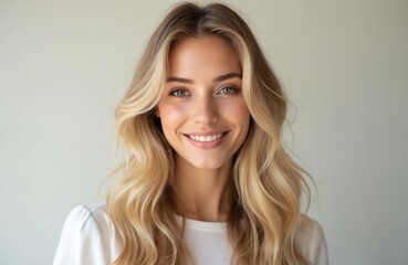 Naklejka premium Smiling young blond woman with long wavy hair. Fair skin, expressive eyes, natural makeup. Studio portrait with soft light and neutral backdrop. Clean, healthy appearance, bright white teeth.