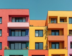 Obraz premium Exterior view shows facade of vivid modern residential building with bright colored walls, symmetric pattern. Windows with curtains, small balconies. Architecture emphasizes urban renewal, modern