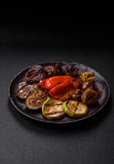 Grilled vegetables, bell peppers, mushrooms, and zucchini, a vegetarian meal. Grilled vegetables
