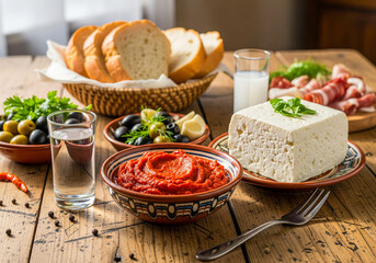 Rustic table set with ajvar, white cheese, olives, bread, and a glass of rakija. A cozy traditional Balkan meal, showcasing homemade ajvar as part of a warm and authentic food culture.