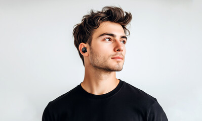 Obraz premium Portrait of a Man in Black Shirt with Wireless Earbuds and Glasses. Looking at Away