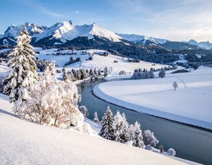 A serene winter landscape reveals snow-covered mountains, a meandering river, and frosted trees under a clear, blue sky