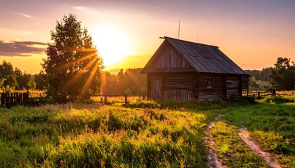 A rustic wooden structure sits in a sunlit field at sunset. Tall grasses and a dirt path lead toward the building, with trees lining the background