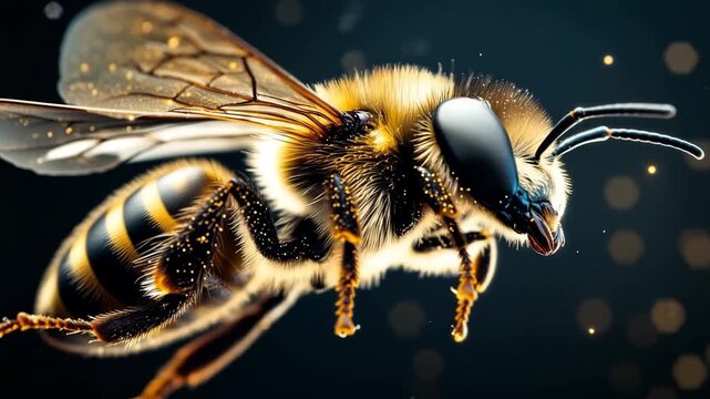 Close-up of bee in motion with glowing details