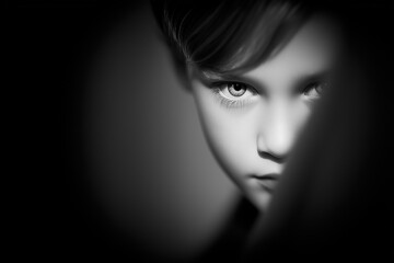 Close-up of a child gazing intently with piercing eyes in black and white, captured in a dimly lit setting