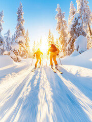 Two skiers cross-country skiing through snowy forest at sunrise. Winter adventure and outdoor freedom in bright sunlight