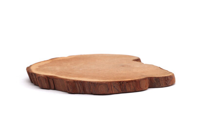 Wood stump platform podium with light shadow on white background. Minimal empty display product presentation scene.