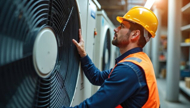 HVAC tech in hard hat, safety vest inspects large air conditioning system fan. Man works on industrial chiller unit, performs maintenance service. Engineer checks cooling equipment at commercial