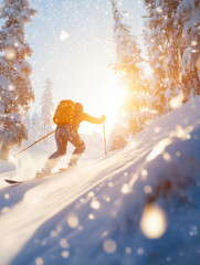 Cross-country skier gliding through a snow-covered forest at dawn