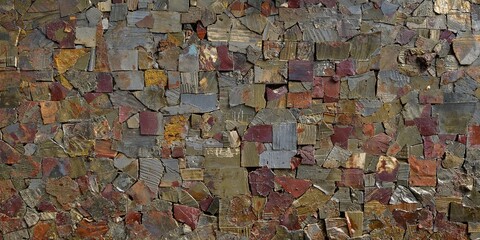 Fototapeta premium Rustic textured wall with irregular metal and stone fragments in earthy tones, creating an abstract, aged mosaic background.