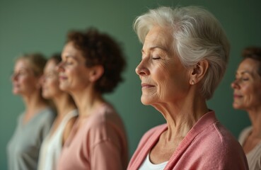 Fototapeta premium Group of women practice relaxation, breathing exercises, finding inner peace, calm. Seniors meditate together, focusing on mental wellness, self-care. Breathe deeply, finding tranquility in shared