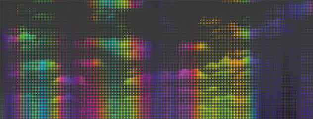 Abstract glitch sky vector with colorful pixel clouds. Iridescent distorted light and color patterns. 