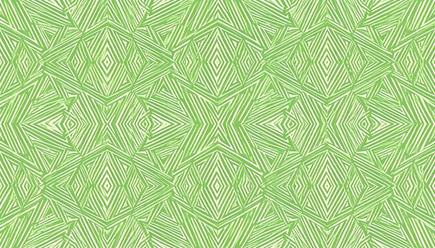 A repeating geometric pattern features intricate lines forming diamonds, stars, and angular shapes, in a vibrant green and off-white color scheme