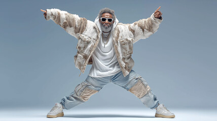 Stylish Man in Baggy Streetwear and Sunglasses Posing with Arms Extended. Urban Fashion