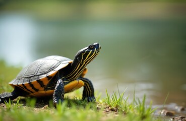 Fototapeta premium Close up shot of yellow bellied eared turtle on riverbank. Reptile with yellow stripes on head sits near water. Turtle relaxes in sun on pond shore with grass.