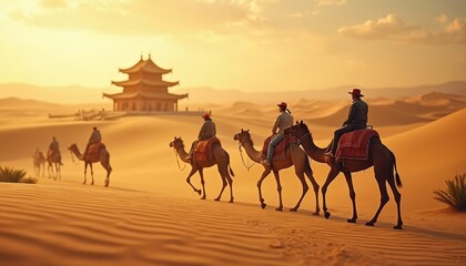 People ride camels in desert. Men travel by camel through sand dunes. Camel caravan goes to ancient building in desert landscape at sunset. Travelers ride camels across sandy terrain with traditional