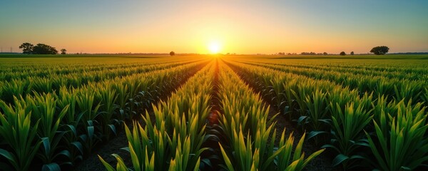 Rows of green corn plants stretch toward a glowing sunset horizon. Sunlight shines across the vast agricultural field. Rural landscape depicts summer growth.