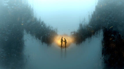Two Figures Shaking Hands in the Middle of Abstract, Dark Cityscape Blocks. Glowing Core