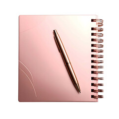 A rose-gold spiral notebook with a matching pen against a black backdrop