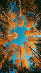Tall trees with golden leaves creating a stunning canopy under a bright blue sky during autumn