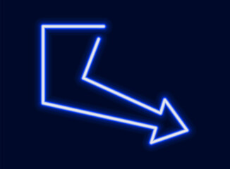 A bright glowing neon arrow with a sharp right angle turn pointing to the bottom right. A symbol for a download.